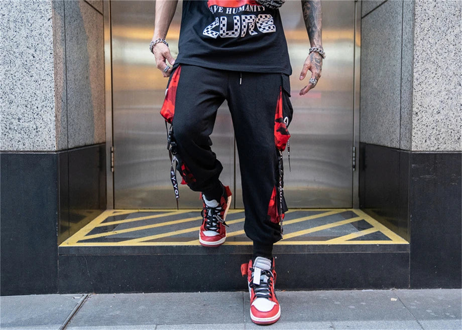 hip hop ribbons cargo pants men joggers pants streetwear men 2023 fashion mens elastic waist pant ribbons cotton black hw203 unique joggers style 2434