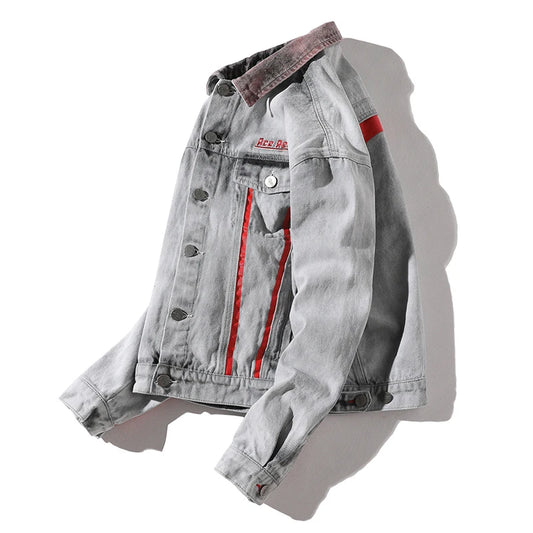 streetwear jacket featuring hi street men 2018 new autumn winter denim jacket washed patchwork red stripe distressed denim man slim fit streetwear jeans ja design – premium quality jacket for men