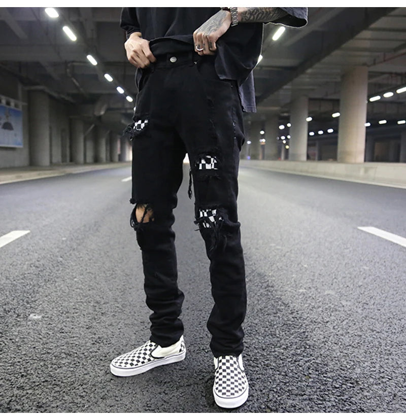 knee hole destroyed jeans patchwork plaid patch ripped slim mens biker jeans fashion streetwear hip hop zipper pants jogger unique joggers style 4238