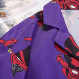 Devil Full Printing Turn-down Collar Casual Shirts Men 2018 Summer High Street Men's Shirts Pink /Purple