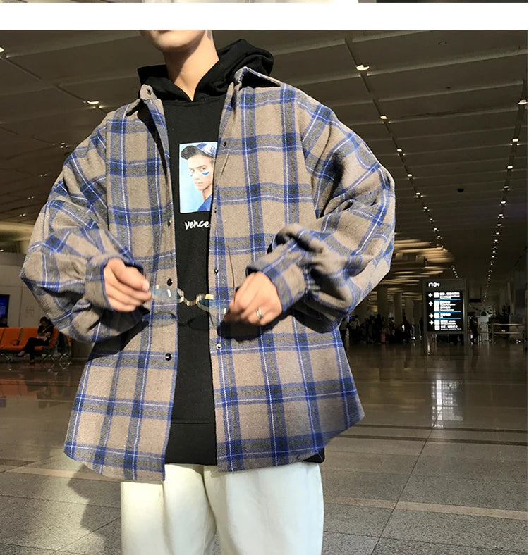 Y2k Harajuku Harajuku Plaid Shirt 2023 Man Streetwear Fleece Shirts Long Sleeve Mens Vintage Korean Fashions Clothes