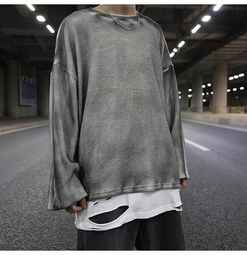 high street vintage wash sweater men loose knitted pullovers long sleeve hip hop oversize sweaters autumn casual jumper knitwear streetwear fashion hoodie, urban wear with bold artwork, high quality cotton pullover