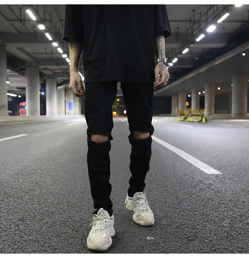 high street knee hole ripped biker jeans men slim fit elastic denim pants autumn new casual black stretch hip hop pants jogger unique joggers style 1737