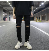 high street knee hole ripped biker jeans men slim fit elastic denim pants autumn new casual black stretch hip hop pants jogger unique joggers style 1736