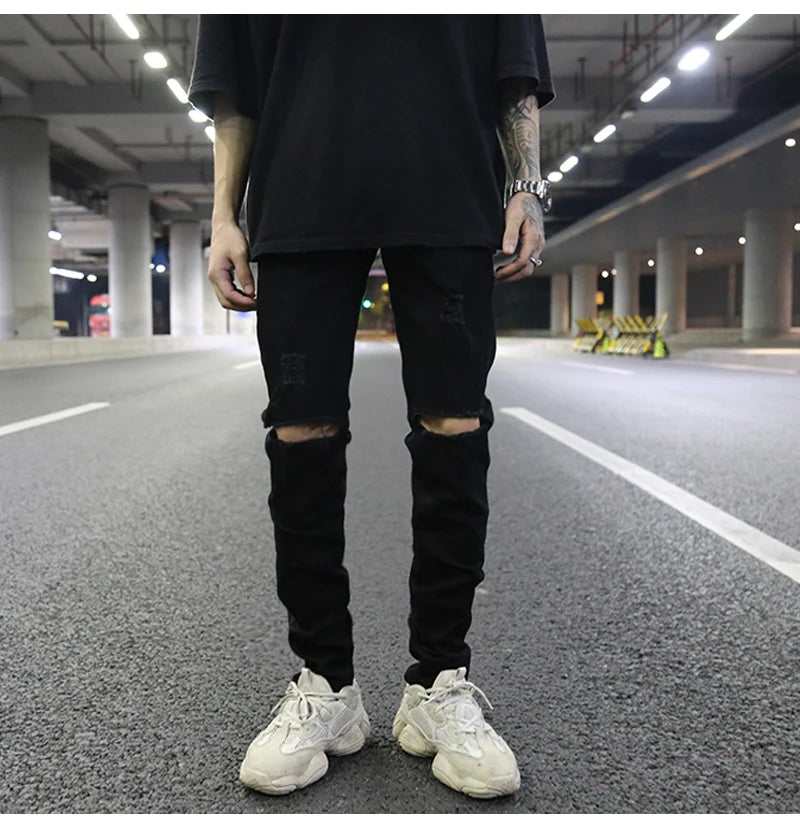 high street knee hole ripped biker jeans men slim fit elastic denim pants autumn new casual black stretch hip hop pants jogger unique joggers style 1736