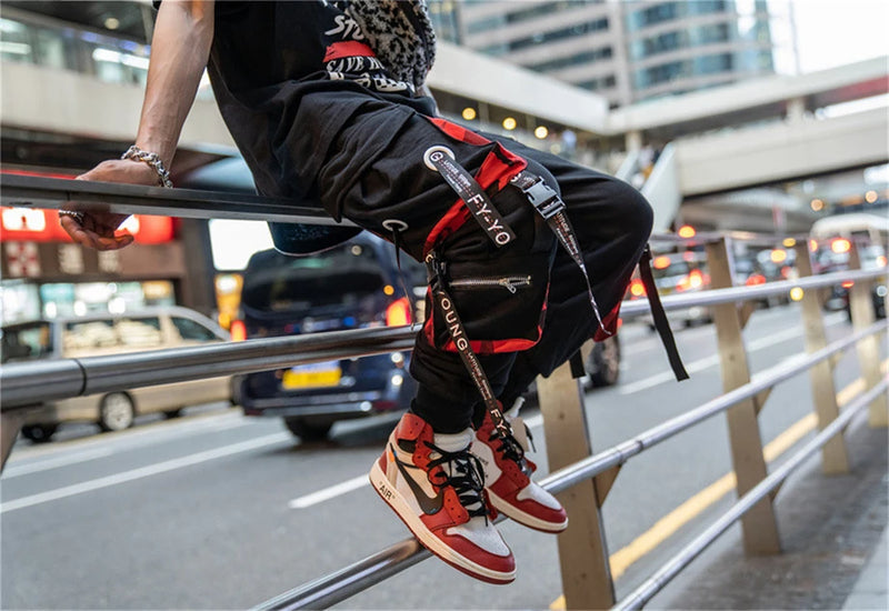 hip hop ribbons cargo pants men joggers pants streetwear men 2023 fashion mens elastic waist pant ribbons cotton black hw203 unique joggers style 2426