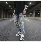 high street fashion destroyed jeans mens knee hole patchwork plaid ripped slim biker jeans new hip hop zipper pants joggers unique joggers style 4211
