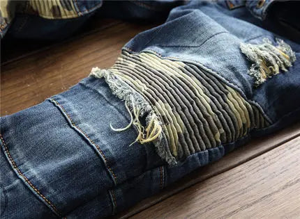 mens knee pleated ripped denim jeans fashion patchwork camouflage retro blue motorcycle trousers hiphop streetwear biker pants unique jeans style 1049