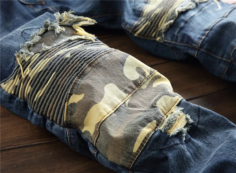 mens knee pleated ripped denim jeans fashion patchwork camouflage retro blue motorcycle trousers hiphop streetwear biker pants unique jeans style 1061