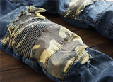 mens knee pleated ripped denim jeans fashion patchwork camouflage retro blue motorcycle trousers hiphop streetwear biker pants unique jeans style 1061