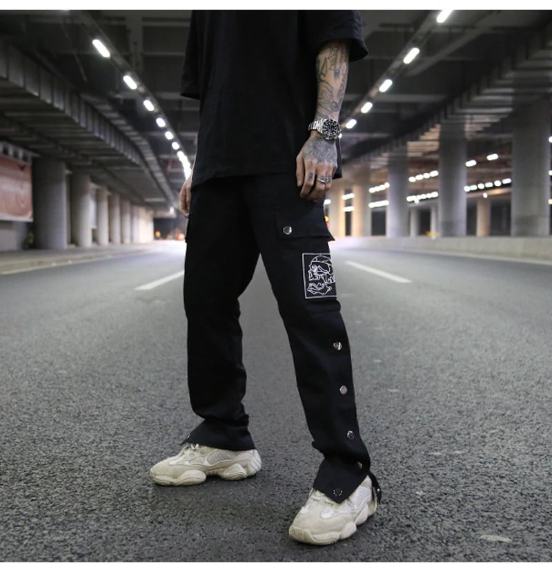 mens casual hip hop joggers side button trouser elastic waist drawstring sweatpants 2019 new cargo pockets streetwear man pants unique joggers style 2425