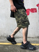 mens camouflage hip hop shorts stitching pockets cargo shorts casual elastic waist drawstring sportswear streetwear short pants multi-pocket cargos