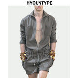 fashion zipper men rompers new summer long sleeve drawstring jumpsuit cargo pockets tops trousers black one piece suits overalls multi-pocket cargos