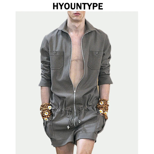 fashion zipper men rompers new summer long sleeve drawstring jumpsuit cargo pockets tops trousers black one piece suits overalls multi-pocket cargos