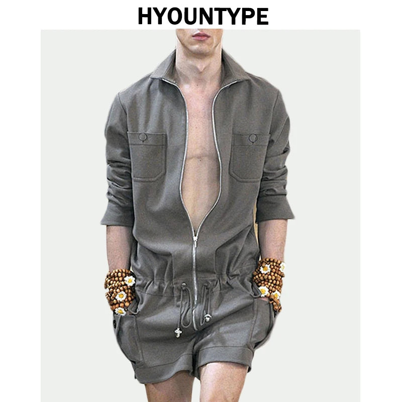 fashion zipper men rompers new summer long sleeve drawstring jumpsuit cargo pockets tops trousers black one piece suits overalls multi-pocket cargos