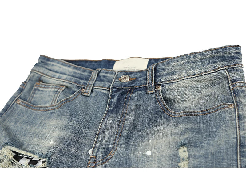 high street fashion destroyed jeans mens knee hole patchwork plaid ripped slim biker jeans new hip hop zipper pants joggers unique joggers style 4218