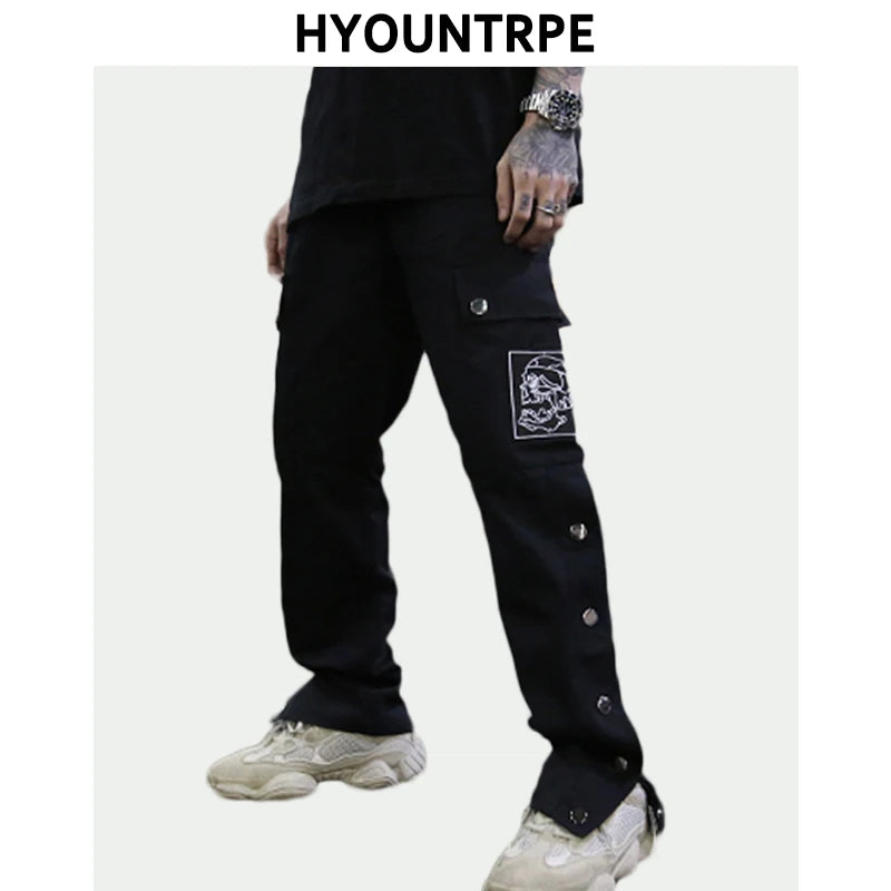 mens casual hip hop joggers side button trouser elastic waist drawstring sweatpants 2019 new cargo pockets streetwear man pants casual joggers