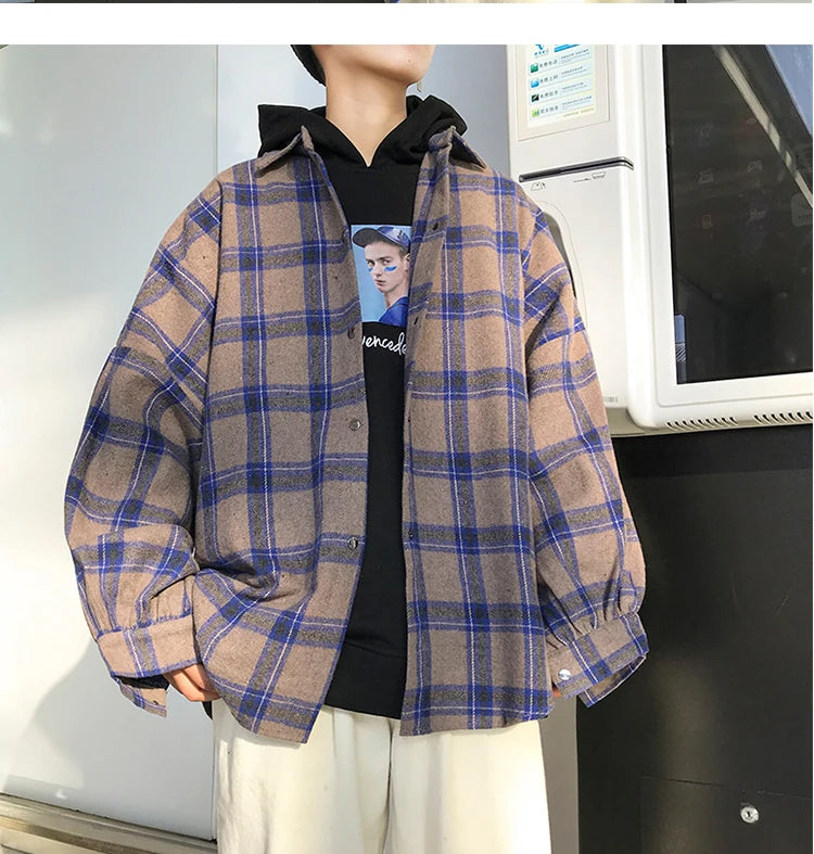 Y2k Harajuku Harajuku Plaid Shirt 2023 Man Streetwear Fleece Shirts Long Sleeve Mens Vintage Korean Fashions Clothes