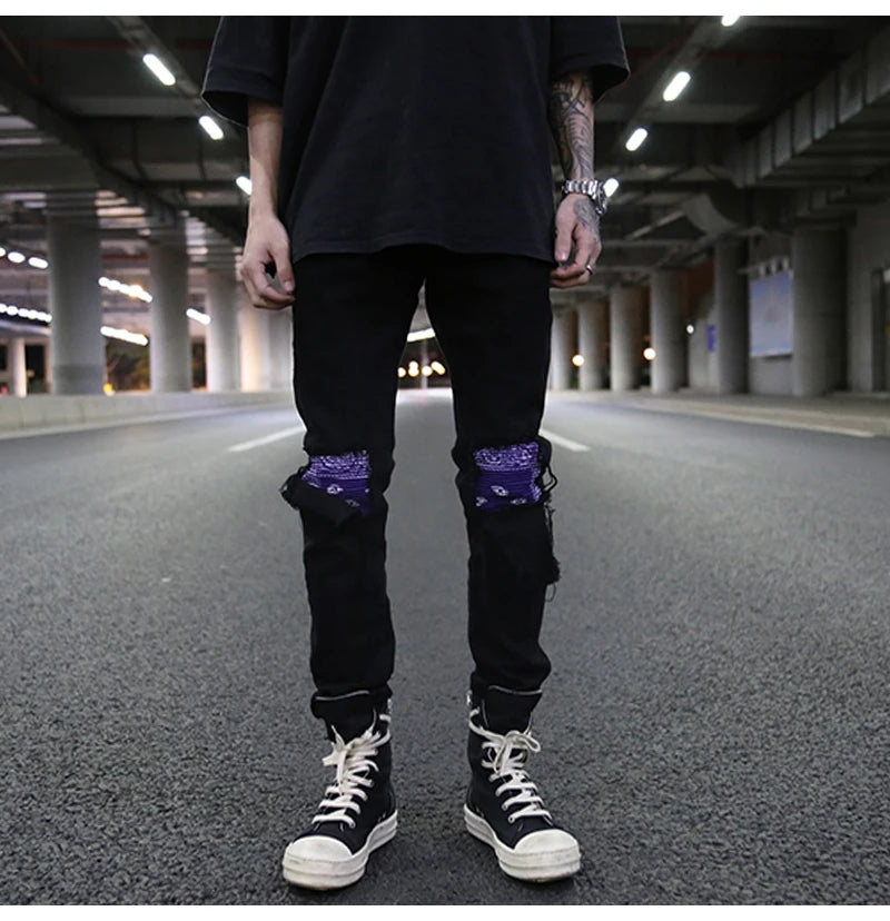 knee patchwork jeans for men hip hop skinny biker taped jean trousers slim fit black denim pants fashion streetwear jogger unique joggers style 954