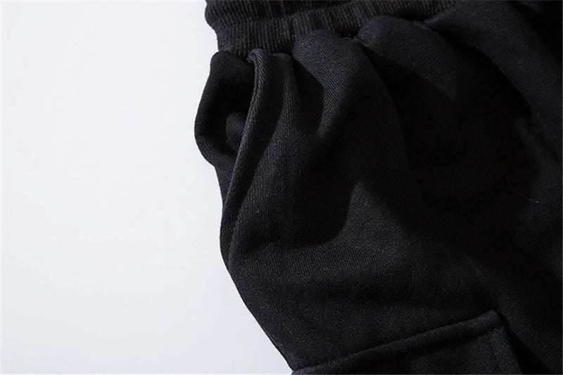 hip hop ribbons cargo pants men joggers pants streetwear men 2023 fashion mens elastic waist pant ribbons cotton black hw203 unique joggers style 2441