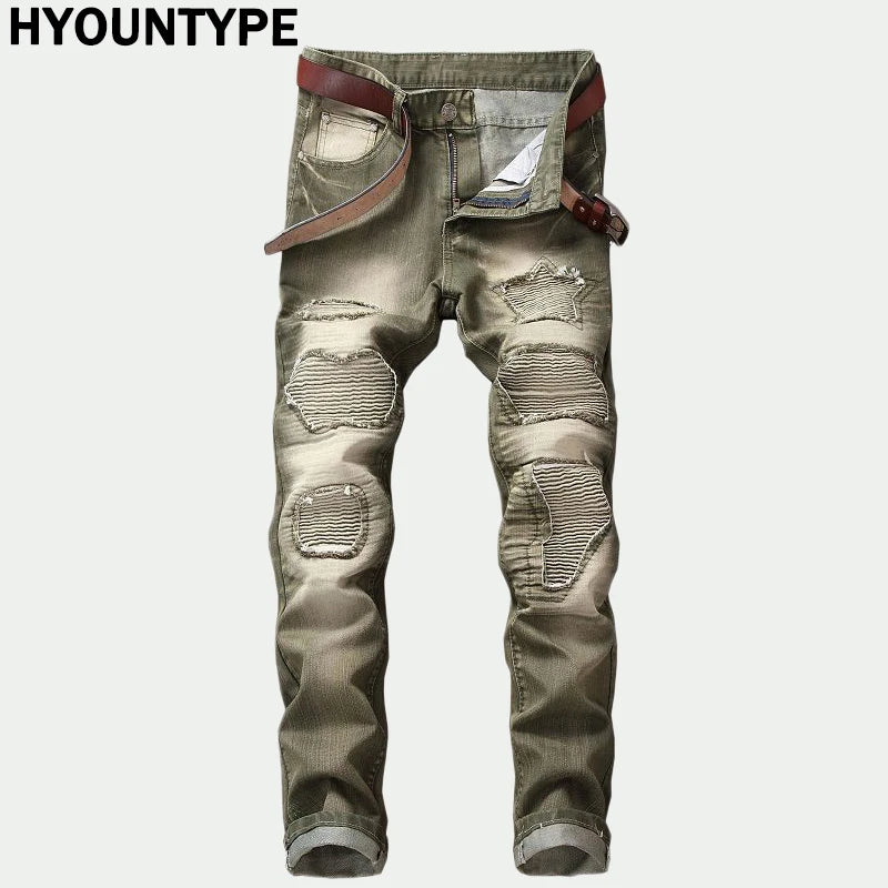 fashion ripped biker jeans denim distressed trousers slim fit zippers hip hop jeans motorcycle pants casual streetwear for men unique jeans style 1901