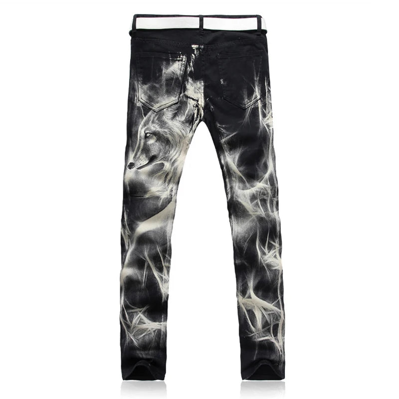 mens fashion wolf printed denim jeans new spring summer slim black painted straight pants cool streetwear male long trousers unique jeans style 459