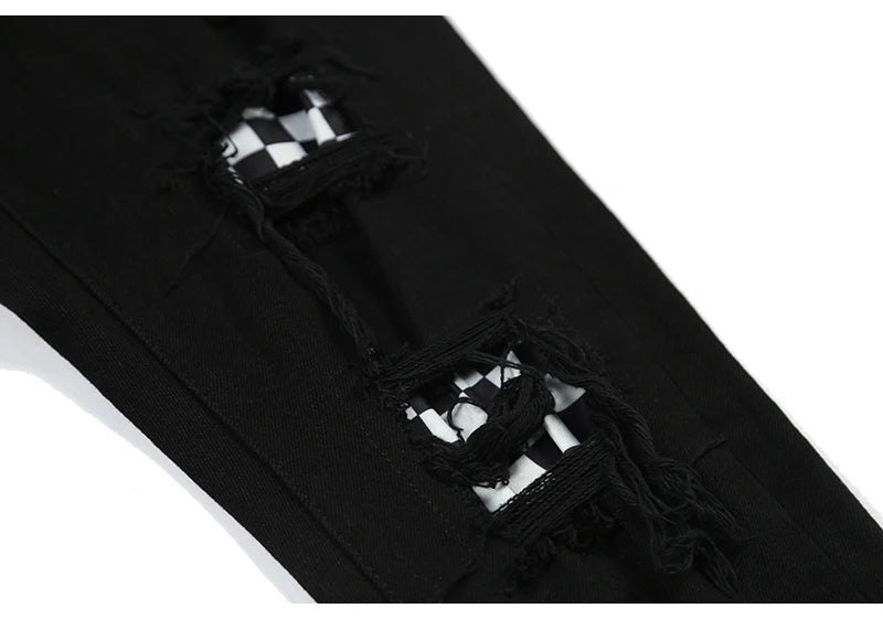 knee hole destroyed jeans patchwork plaid patch ripped slim mens biker jeans fashion streetwear hip hop zipper pants jogger unique joggers style 4244