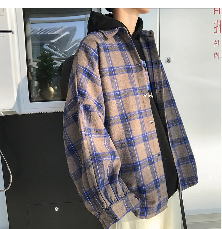 Y2k Harajuku Harajuku Plaid Shirt 2023 Man Streetwear Fleece Shirts Long Sleeve Mens Vintage Korean Fashions Clothes
