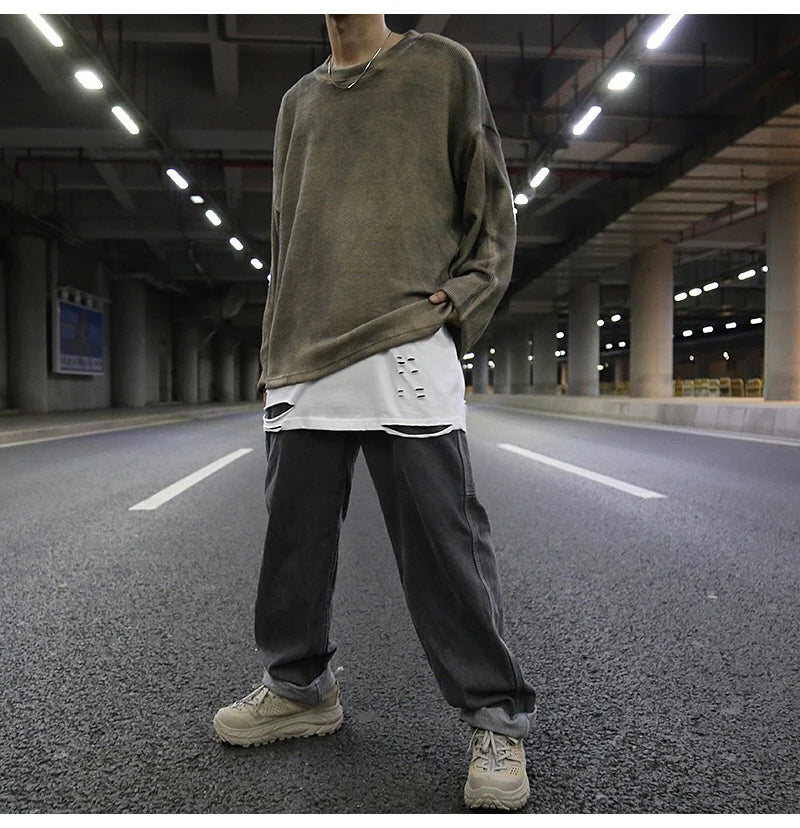 high street vintage wash sweater men loose knitted pullovers long sleeve hip hop oversize sweaters autumn casual jumper knitwear aesthetic street look hoodie, streetwear fashion hoodie, high quality cotton pullover
