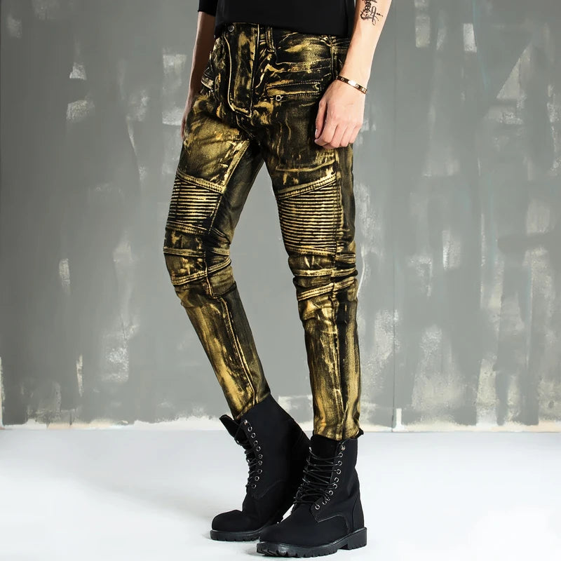 designer metal printed punk style jeans for men motorcycle vintage zipper hip hop coated pants 2018 new streetwear biker pants unique jeans style 2230