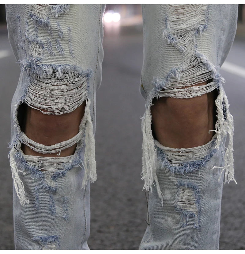 bottom zipper knee holes denim jeans destroyed ripped slim mens biker jeans new men fashion streetwear hip hop pants joggers unique joggers style 3404