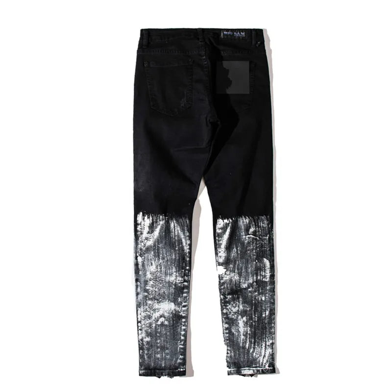 bottom graffiti printed zipper denim jeans mens ripped knee hole biker jean motorcycle slim trousers streetwear hip hop pants unique jeans style 2716