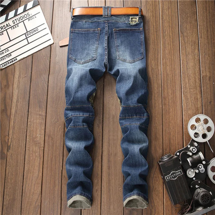 mens knee pleated ripped denim jeans fashion patchwork camouflage retro blue motorcycle trousers hiphop streetwear biker pants unique jeans style 1056
