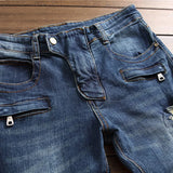 mens knee pleated ripped denim jeans fashion patchwork camouflage retro blue motorcycle trousers hiphop streetwear biker pants ripped baggy denim