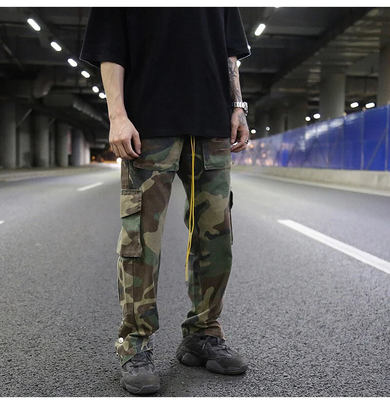 mens camouflage hip hop pants bottom button pockets cargo trousers fashion elastic waist drawstring sportswear streetwear jogger unique joggers style 3436