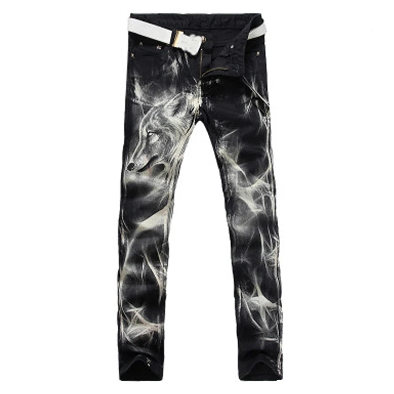 mens fashion wolf printed denim jeans new spring summer slim black painted straight pants cool streetwear male long trousers unique jeans style 458