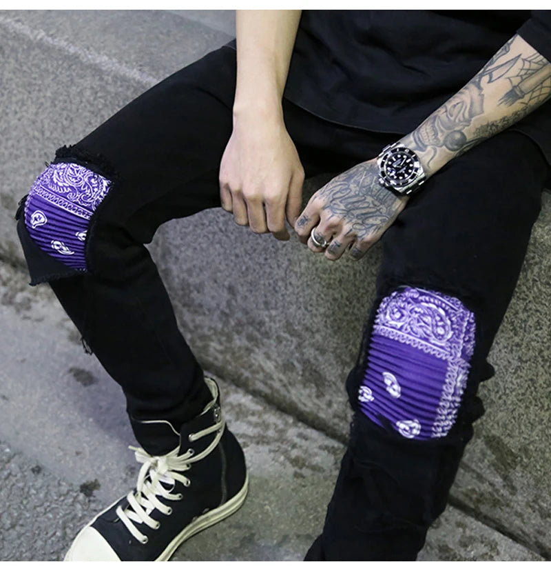 knee patchwork jeans for men hip hop skinny biker taped jean trousers slim fit black denim pants fashion streetwear jogger unique joggers style 958