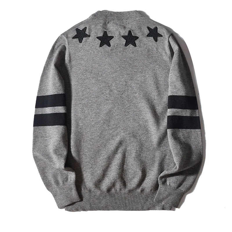 leather varsity streetwear knit with bold stitching, fall/winter pullover for urban outfits, men’s streetwear clothing piece 