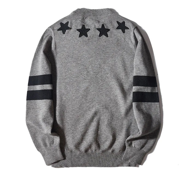 leather varsity streetwear knit with bold stitching, fall/winter pullover for urban outfits, men’s streetwear clothing piece 