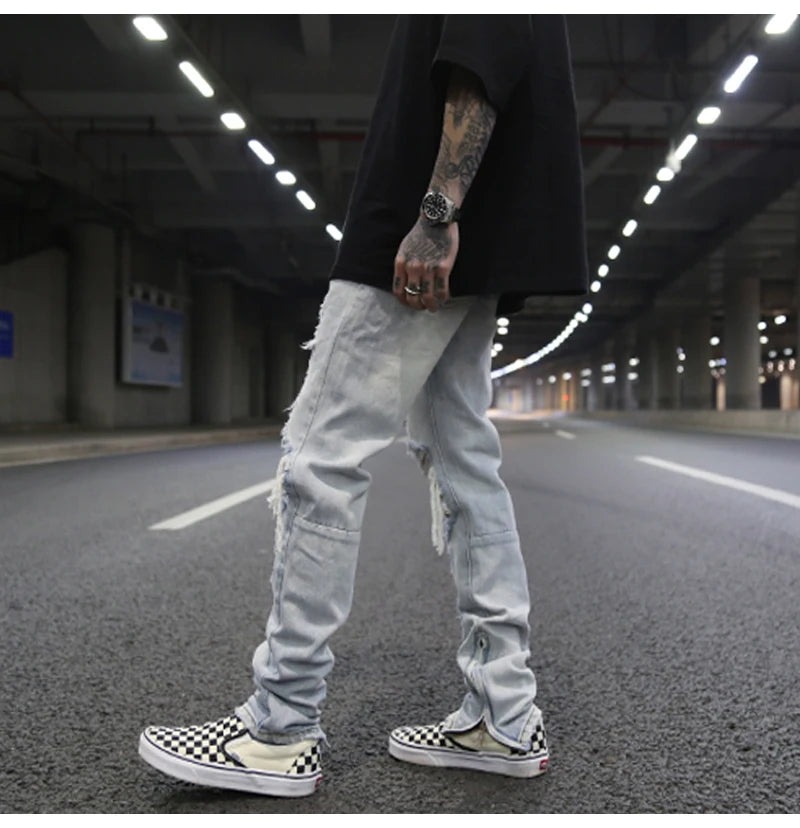 bottom zipper knee holes denim jeans destroyed ripped slim mens biker jeans new men fashion streetwear hip hop pants joggers unique joggers style 3400