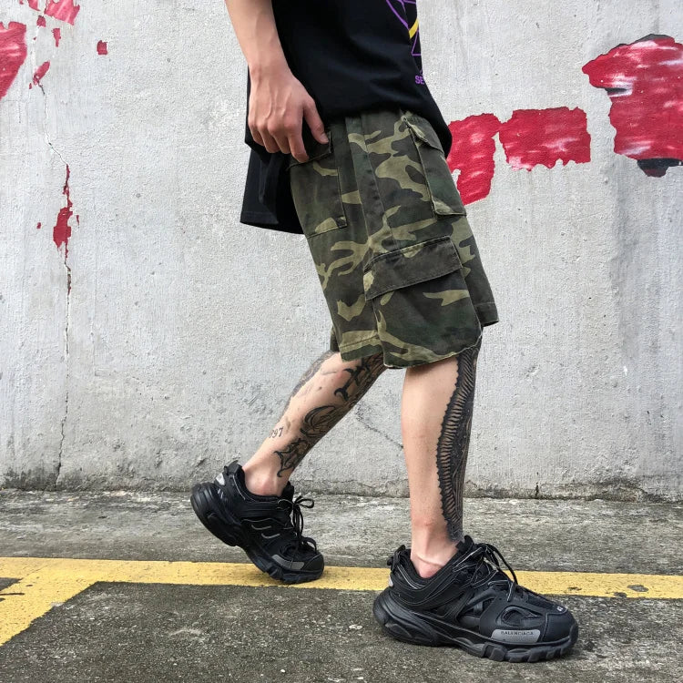 mens camouflage hip hop shorts stitching pockets cargo shorts casual elastic waist drawstring sportswear streetwear short pants unique cargo style 1885