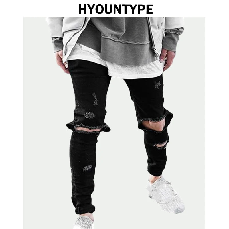 knee ripped hole biker jeans men denim destroyed slim fit zippers jeans fashion trousers black streetwear hip hop pants jogger sporty tapered joggers