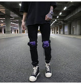 knee patchwork jeans for men hip hop skinny biker taped jean trousers slim fit black denim pants fashion streetwear jogger unique joggers style 955