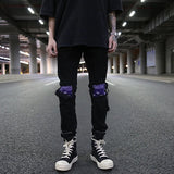 knee patchwork jeans for men hip hop skinny biker taped jean trousers slim fit black denim pants fashion streetwear jogger sporty tapered joggers