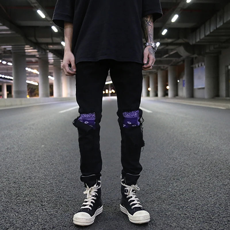 knee patchwork jeans for men hip hop skinny biker taped jean trousers slim fit black denim pants fashion streetwear jogger sporty tapered joggers