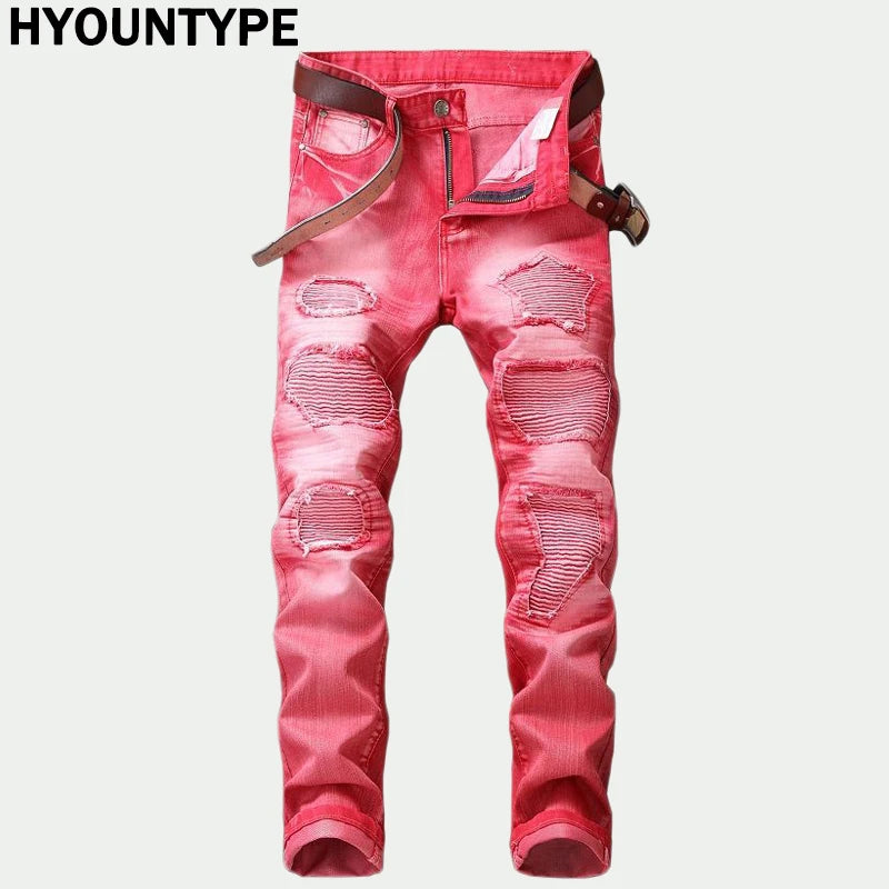 fashion ripped biker jeans denim distressed trousers slim fit zippers hip hop jeans motorcycle pants casual streetwear for men unique jeans style 1904