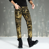designer metal printed punk style jeans for men motorcycle vintage zipper hip hop coated pants 2018 new streetwear biker pants unique jeans style 2225