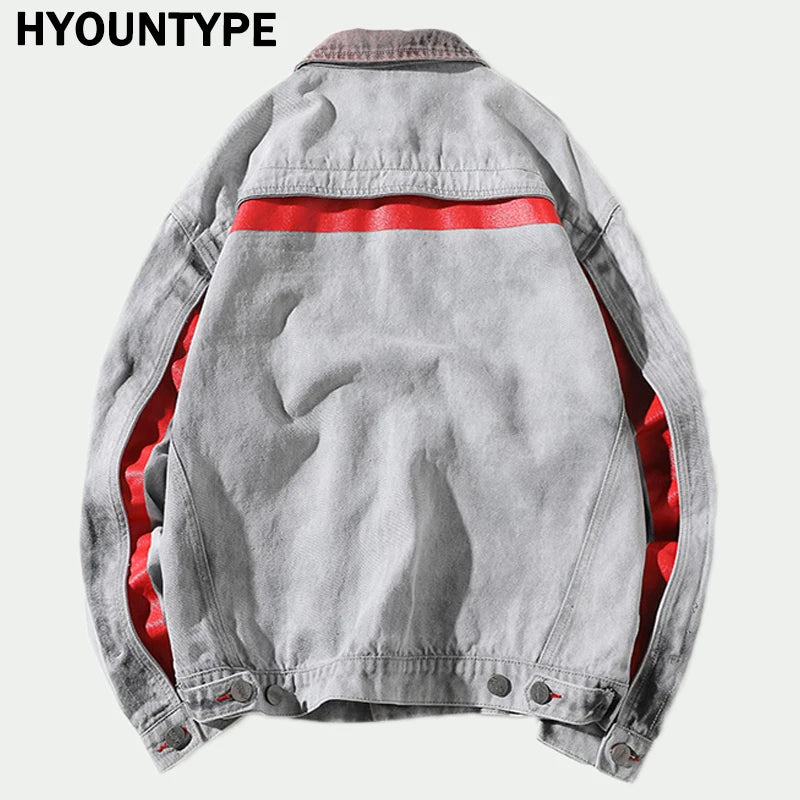 casual layering jacket featuring hi street men 2018 new autumn winter denim jacket washed patchwork red stripe distressed denim man slim fit streetwear jeans ja design – premium quality jacket for men