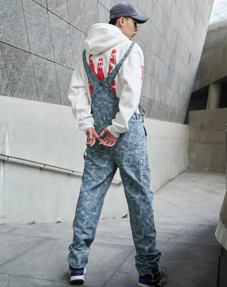hip hop denim suspender trousers 2019 spring mens new fashion embroidery denim jeans jumpsuit loose straight casual pants unique jeans style 889