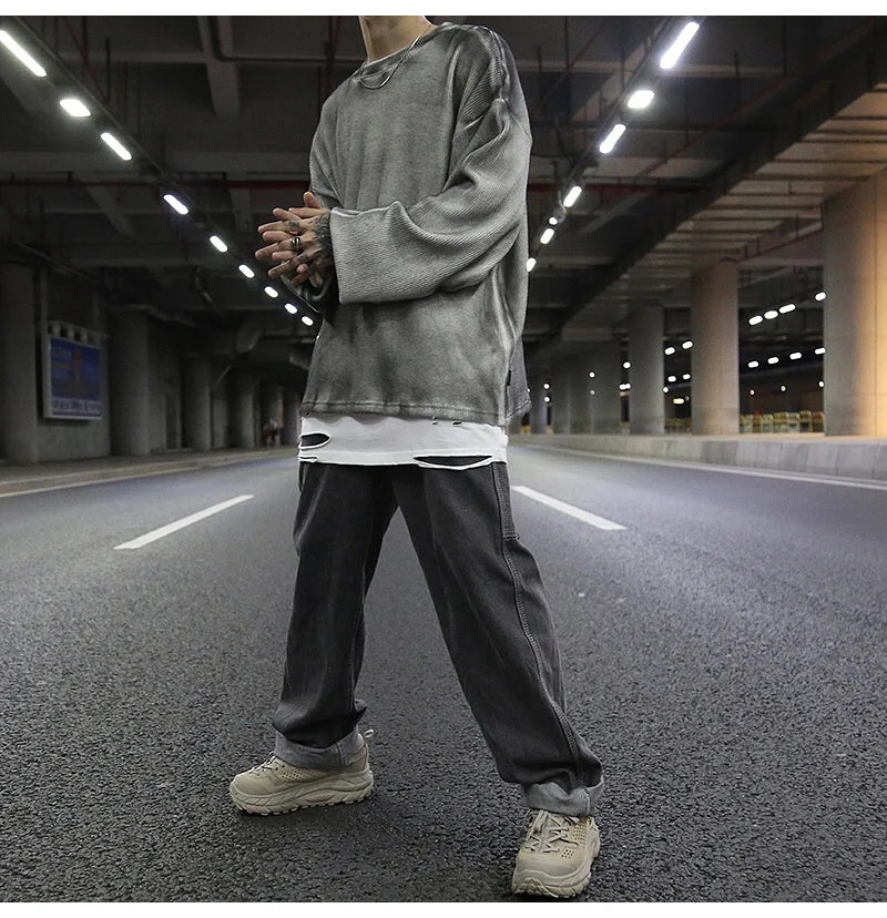 high street vintage wash sweater men loose knitted pullovers long sleeve hip hop oversize sweaters autumn casual jumper knitwear streetwear fashion hoodie, trendy hip hop style outerwear, oversized graphic print design
